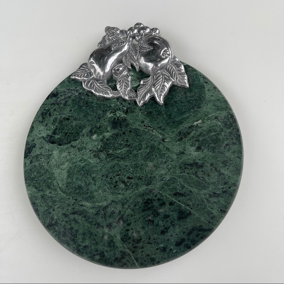 Other - Green Marble Cheese Cutting Board Tray 9.5in With Cast Aluminum Fruit Design
